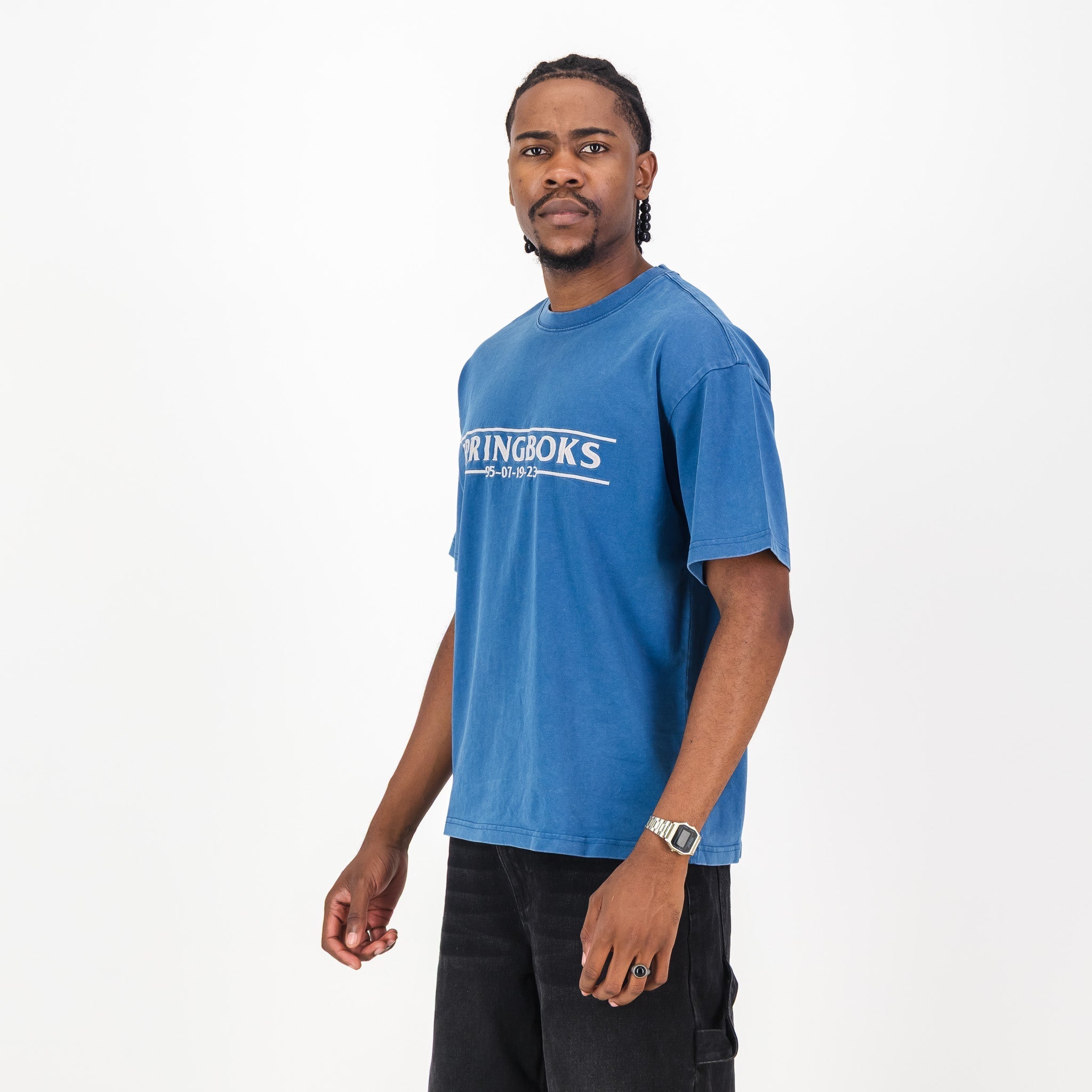 Springboks Four Wins Acid Wash Boxy Crew Tee-Navy