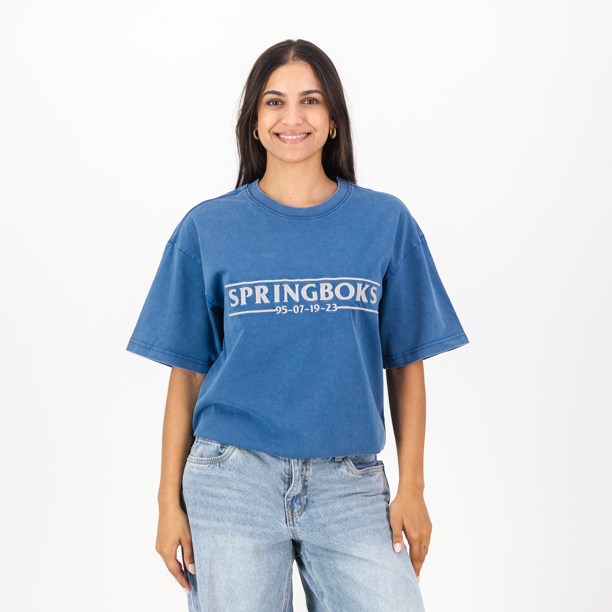 Springboks Four Wins Acid Wash Boxy Crew Tee-Navy