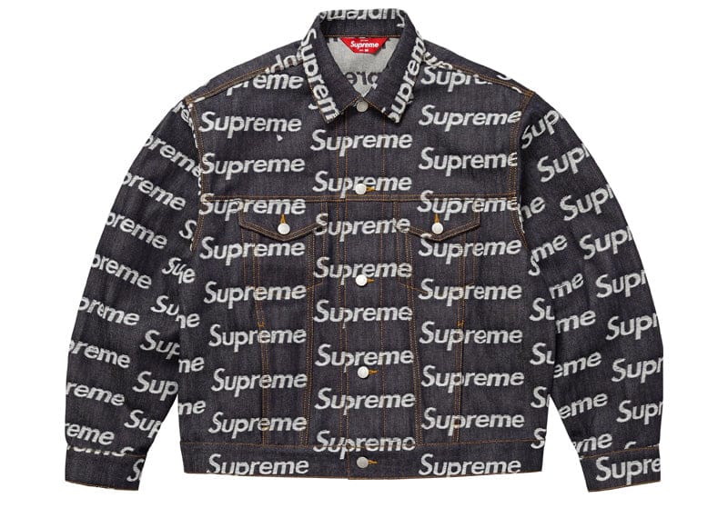 Supreme Jacquard Logos Denim Trucker Jacket Rigid Indigo