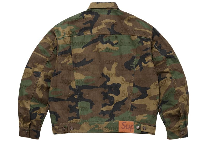 Supreme Jacquard Logos Denim Trucker Jacket Woodland Camo