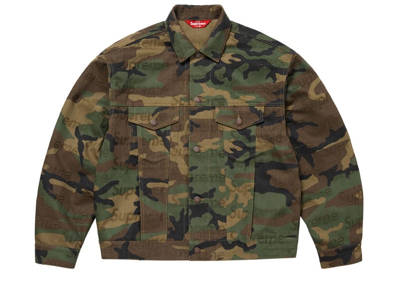 Supreme Jacquard Logos Denim Trucker Jacket Woodland Camo